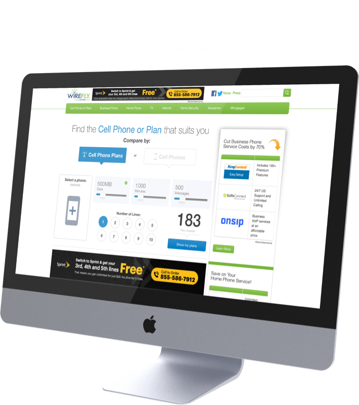 The Wirefly Homepage displayed on an iMac with the Wirefly Logo above